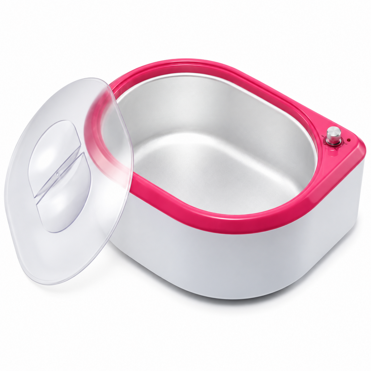 Overhead view of the paraffin wax bath showing its smooth oval basin and clear removable lid.