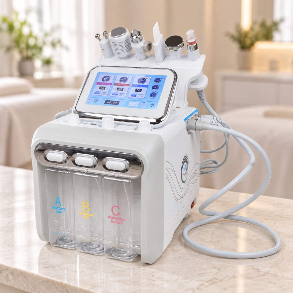 Six-in-one facial cleansing system arranged on a neutral salon counter with its supplied handpieces and hoses.