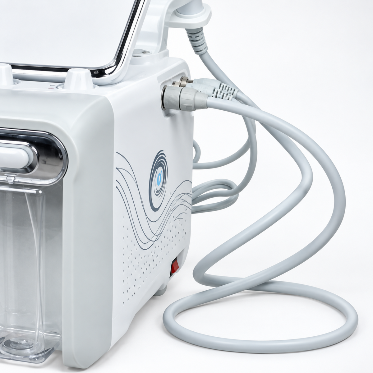 Detail of the facial system side panel, original handpiece connectors and flexible hoses.