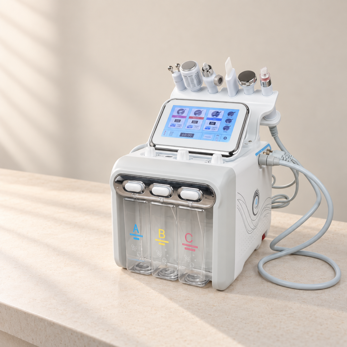 White six-in-one facial appliance displayed on a clean neutral workstation with its six handpieces and hoses.