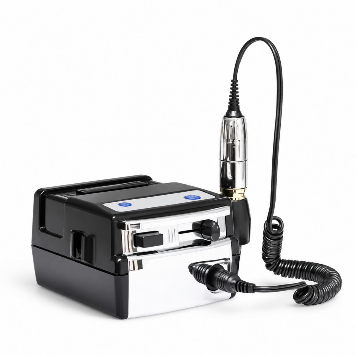 Professional black and chrome electric nail drill with corded handpiece on a white background