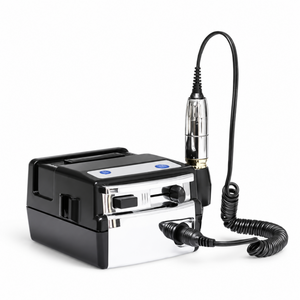 Professional black and chrome electric nail drill with corded handpiece on a white background