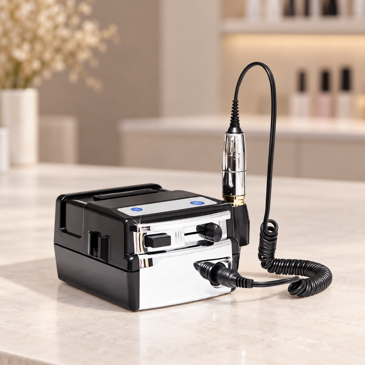Electric nail drill and handpiece arranged on a neutral manicure workstation
