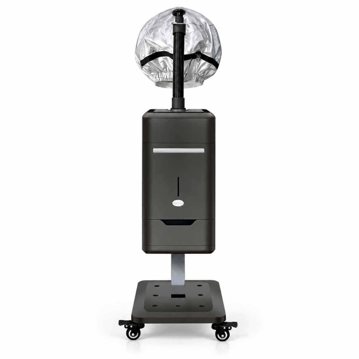 Black salon hair steamer with silver bonnet and wheeled stand on a white background