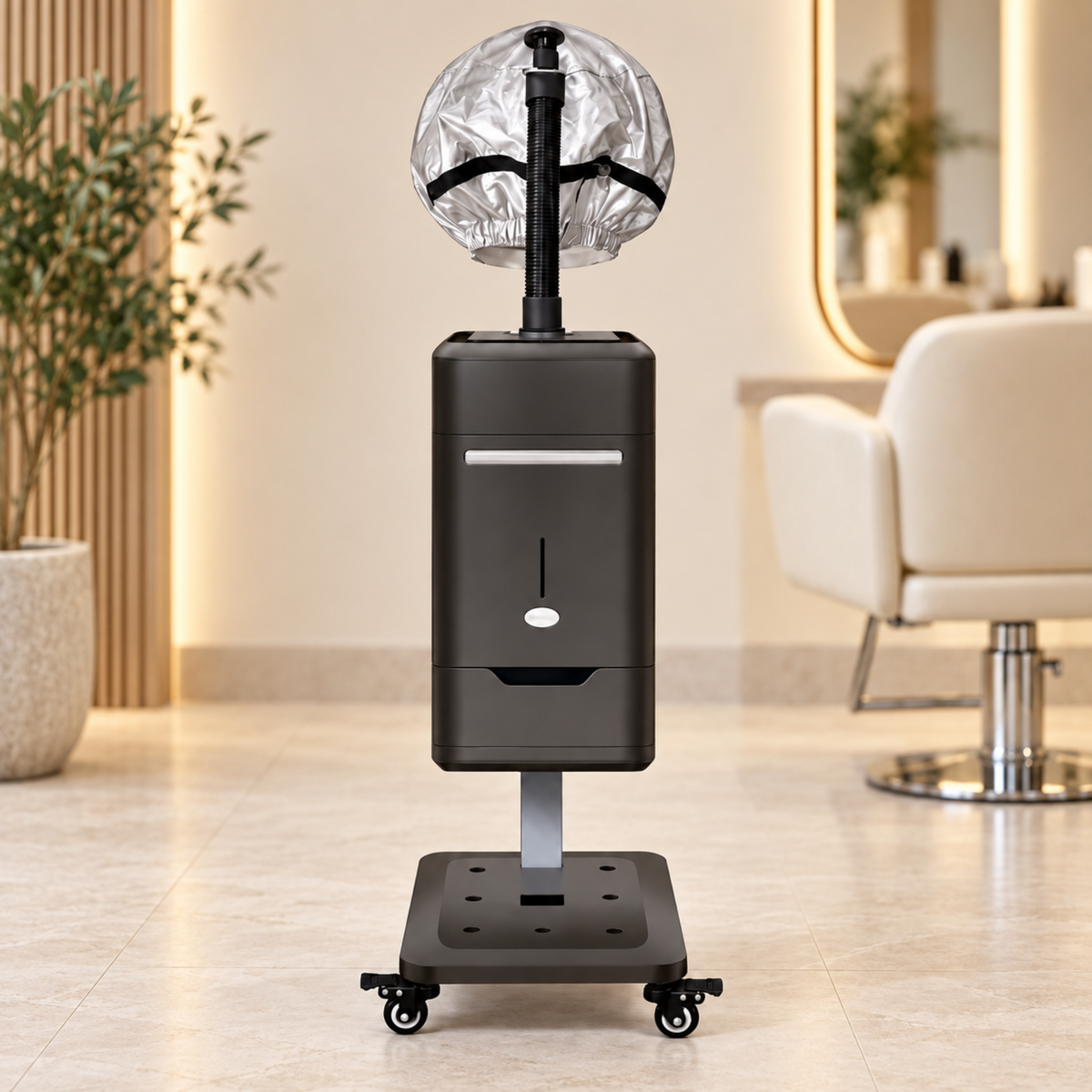 Freestanding black hair steamer beside a salon styling chair