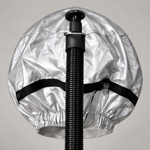 Silver hair-steaming bonnet with black straps and upright hose