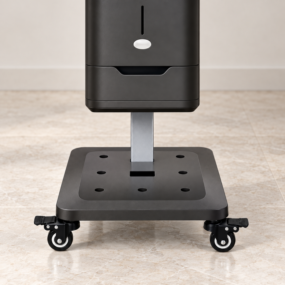 Hair steamer pedestal, square base and castor wheel detail