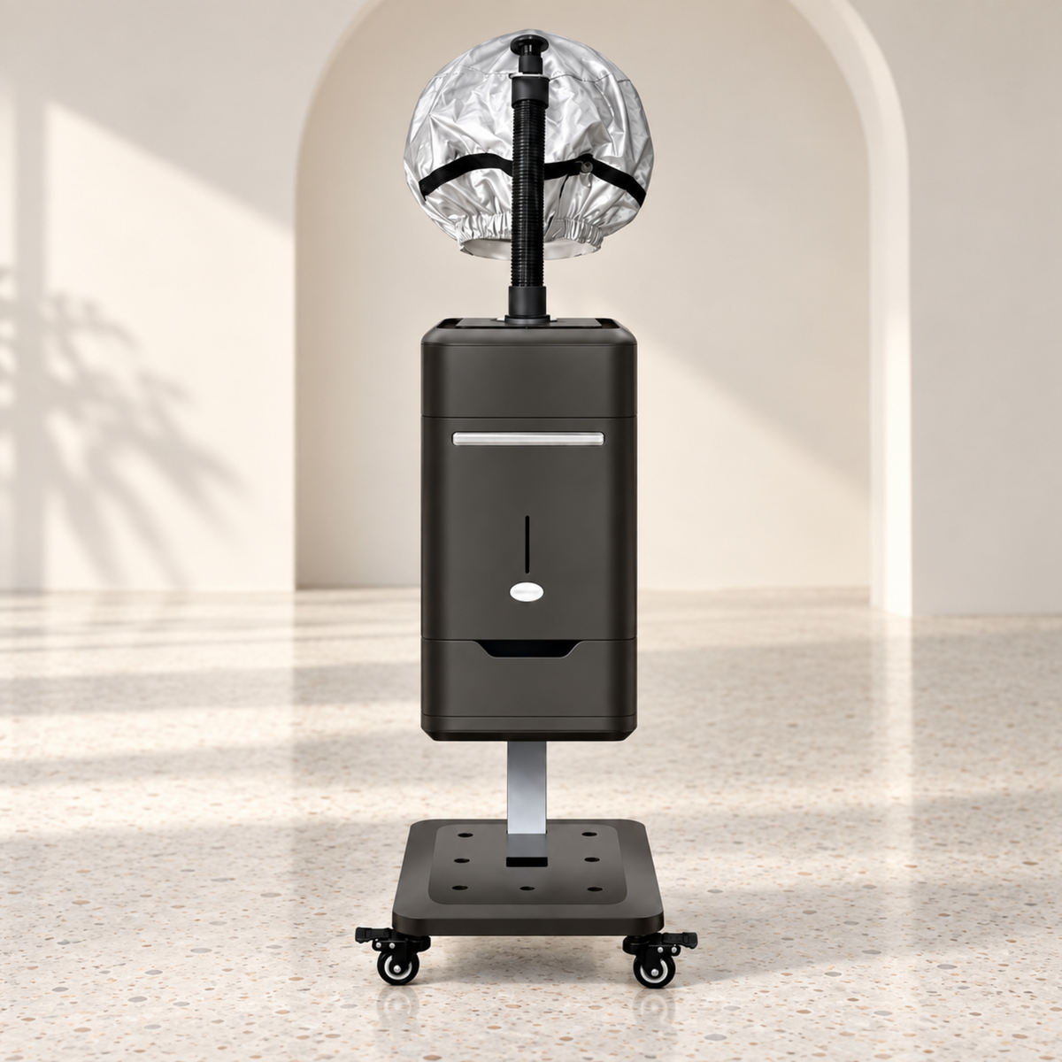 Full view of the black salon hair steamer in a neutral studio