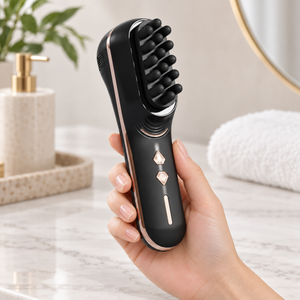Hand holding the black scalp massage comb to show its compact size and easy grip.