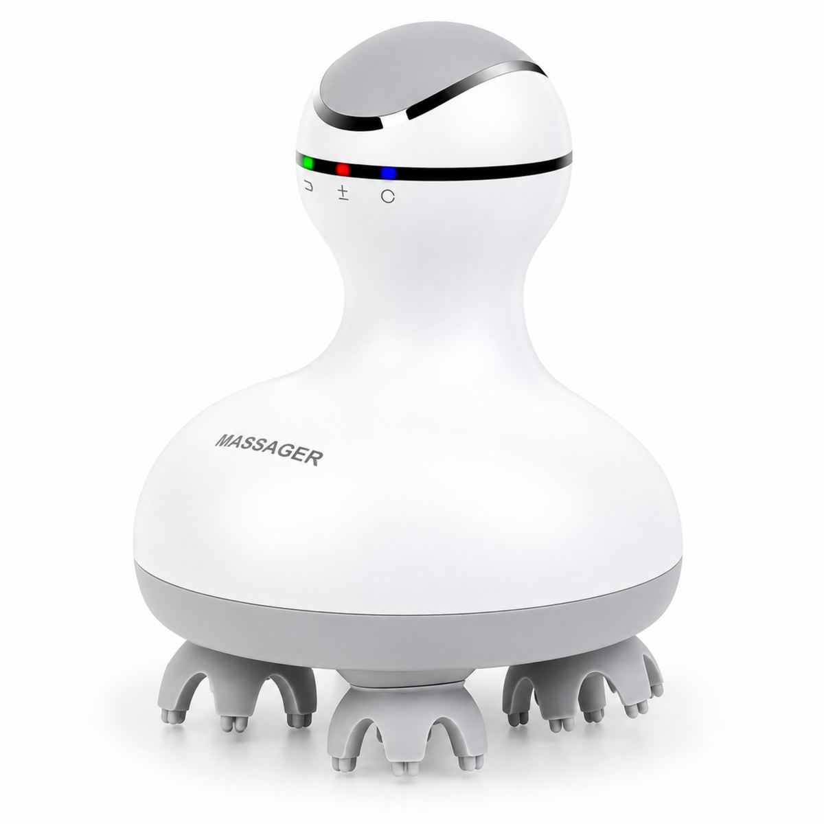 White cordless scalp massager with four rotating heads on a clean white background