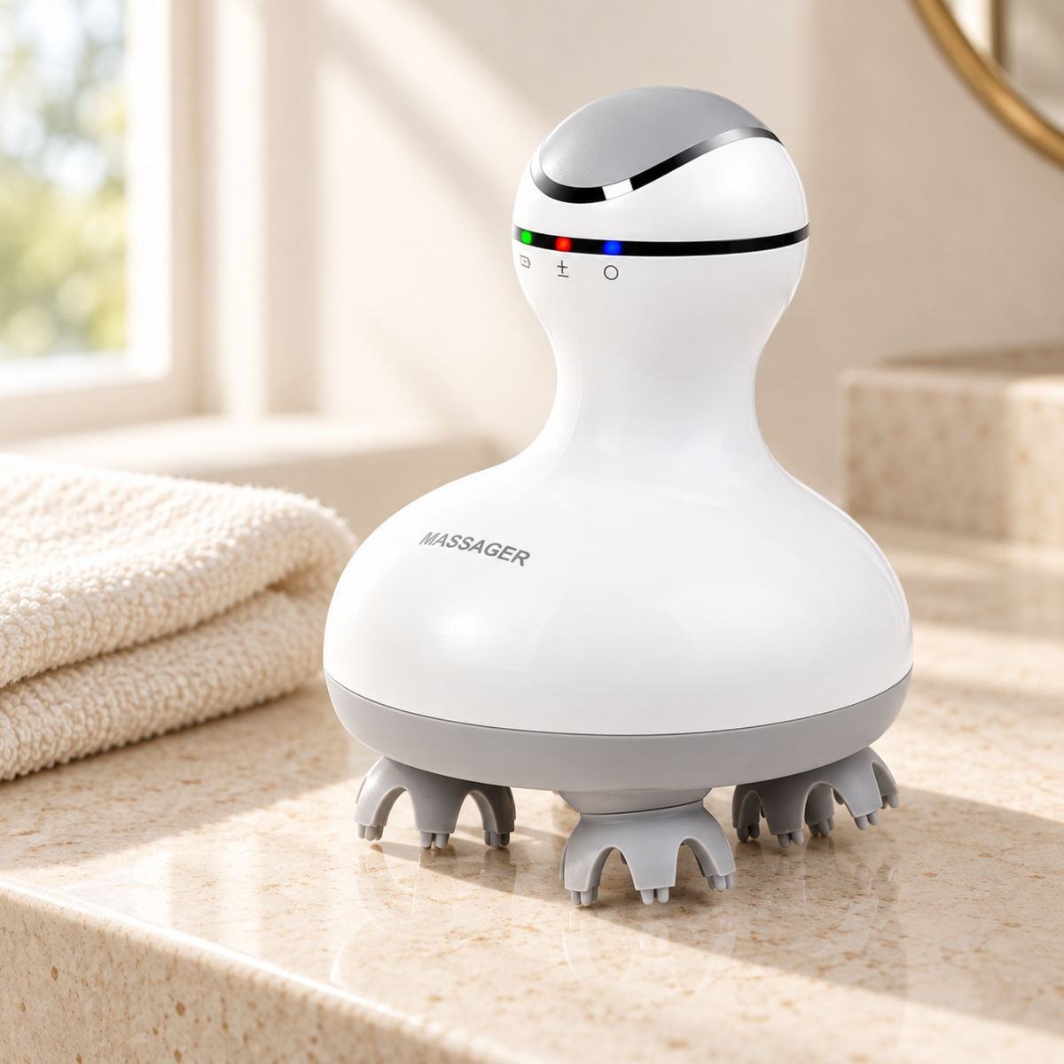 White scalp massager on a softly lit neutral bathroom vanity