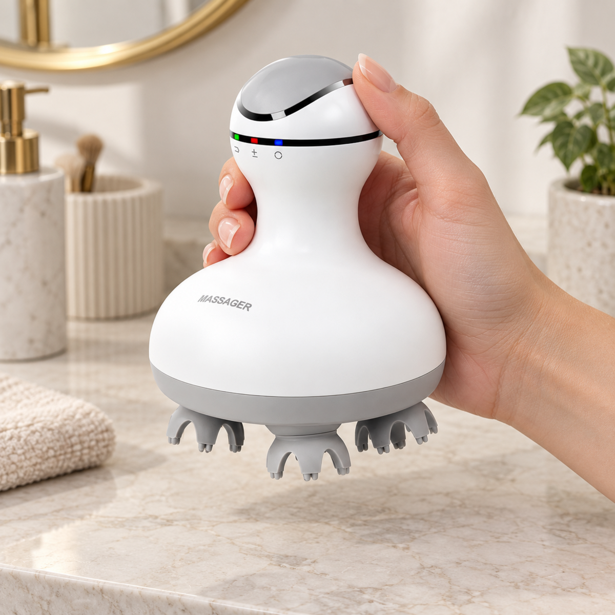 White cordless scalp massager held in the hand to show its compact shape