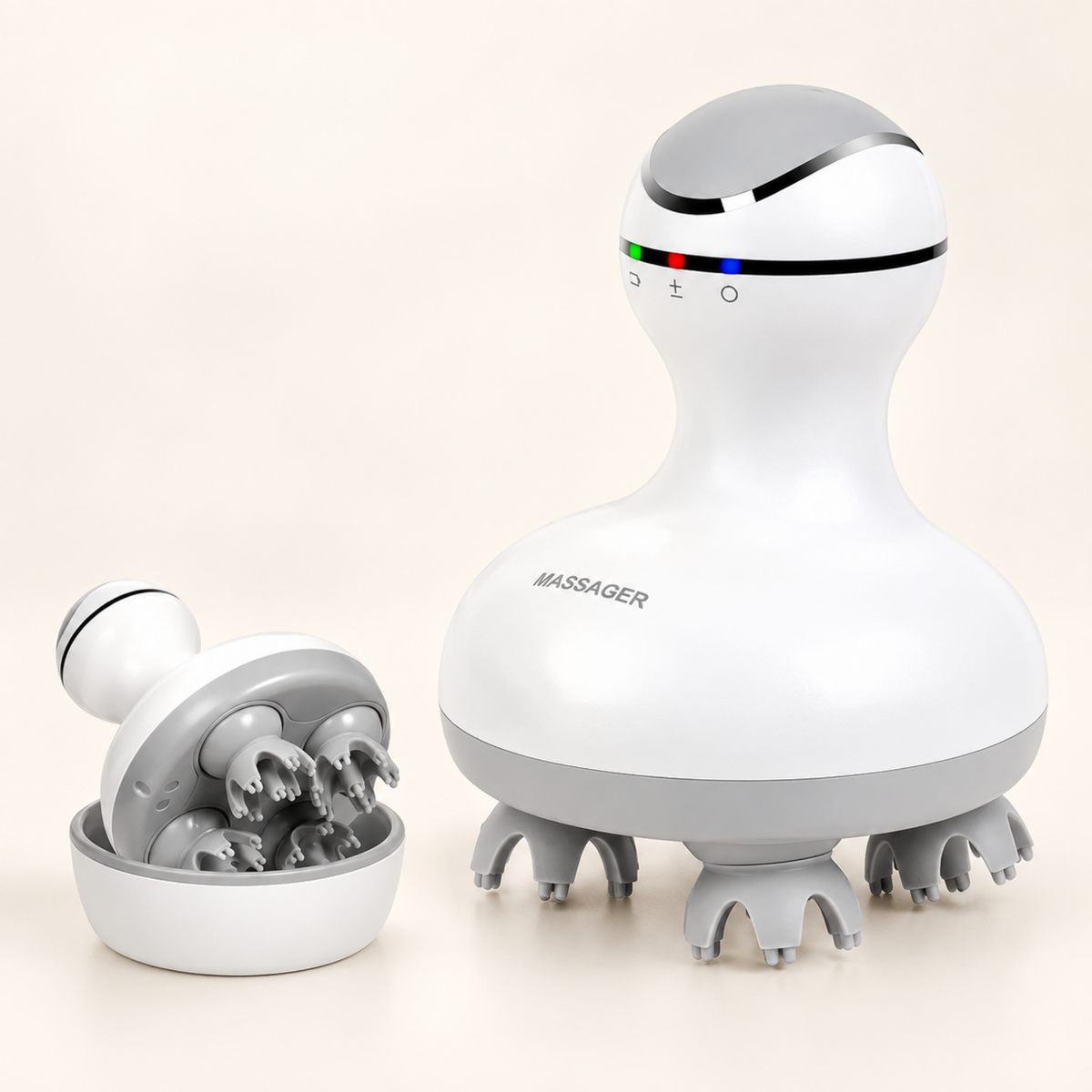 Two views of one white scalp massager and its matching charging base