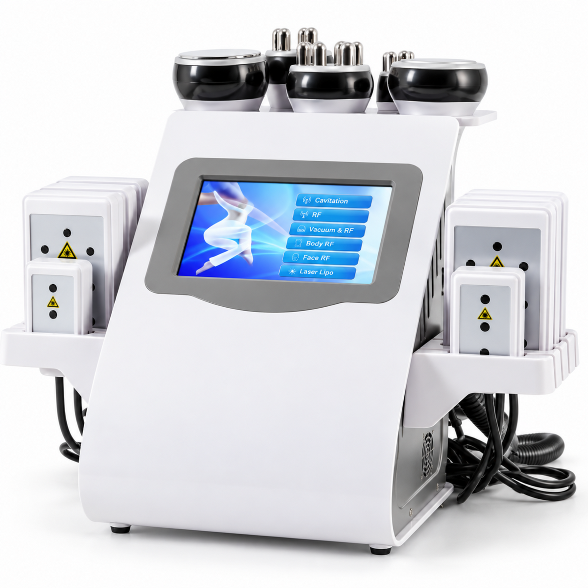 Professional six-in-one beauty console with five handpieces and side applicator holders on a white background