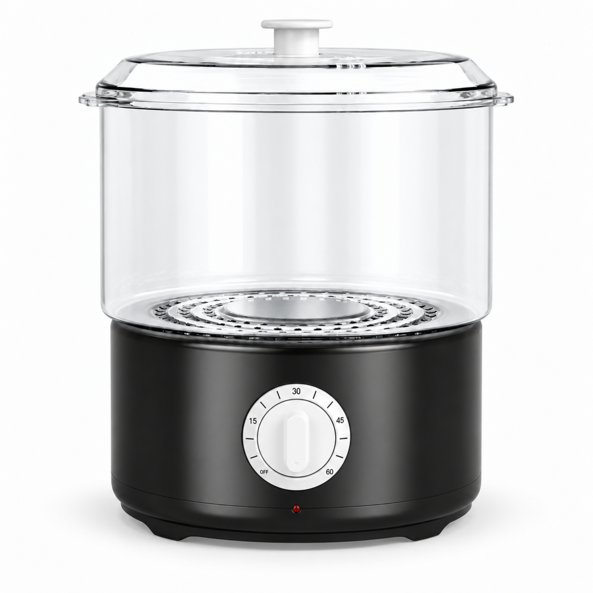 Black compact towel steamer with clear chamber, lid and timer dial on a clean white background.