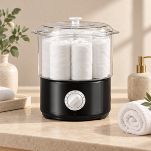 Black towel steamer styled with rolled towels in its clear chamber on a neutral beauty counter.