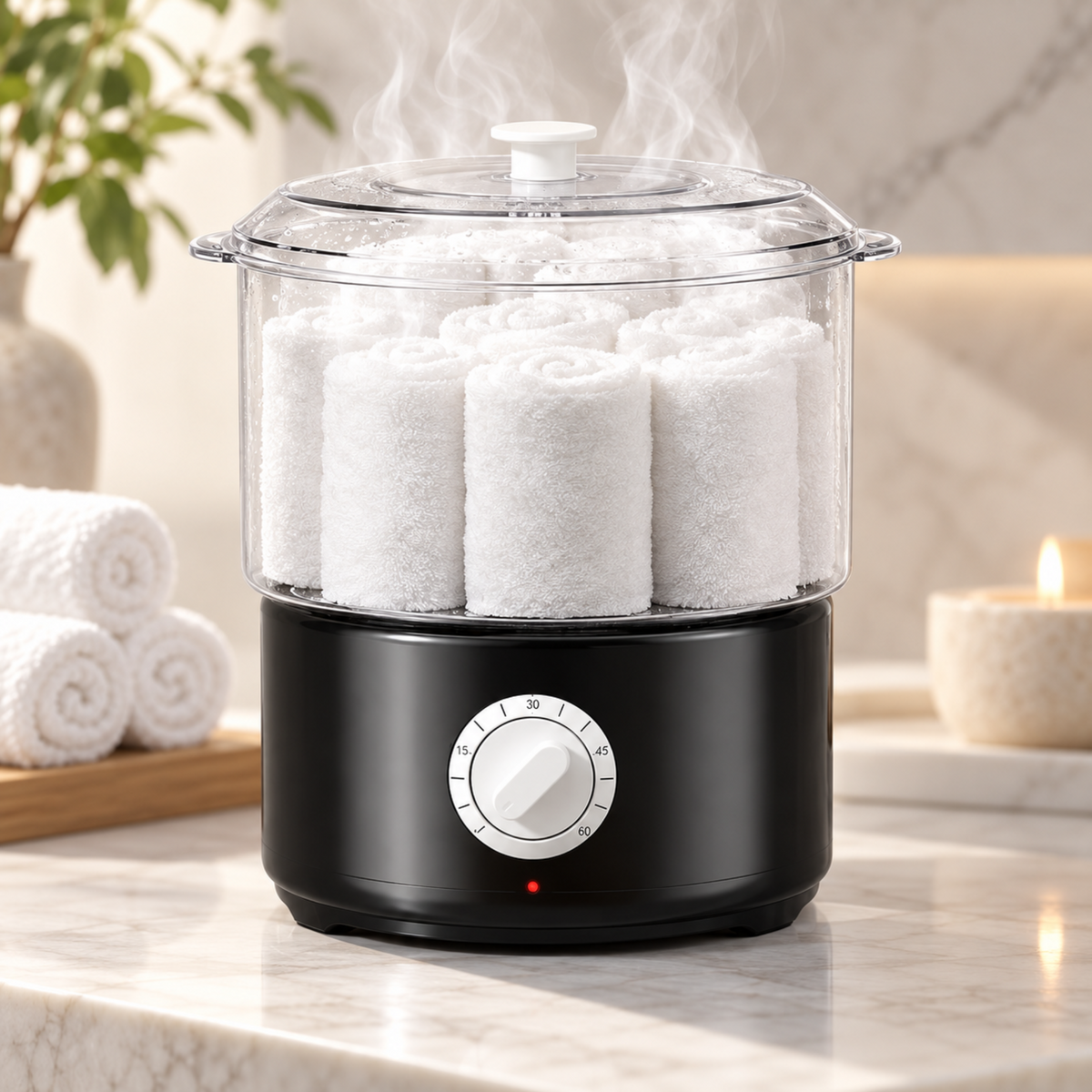 Black compact towel steamer with rolled towels inside its clear chamber on a neutral counter.