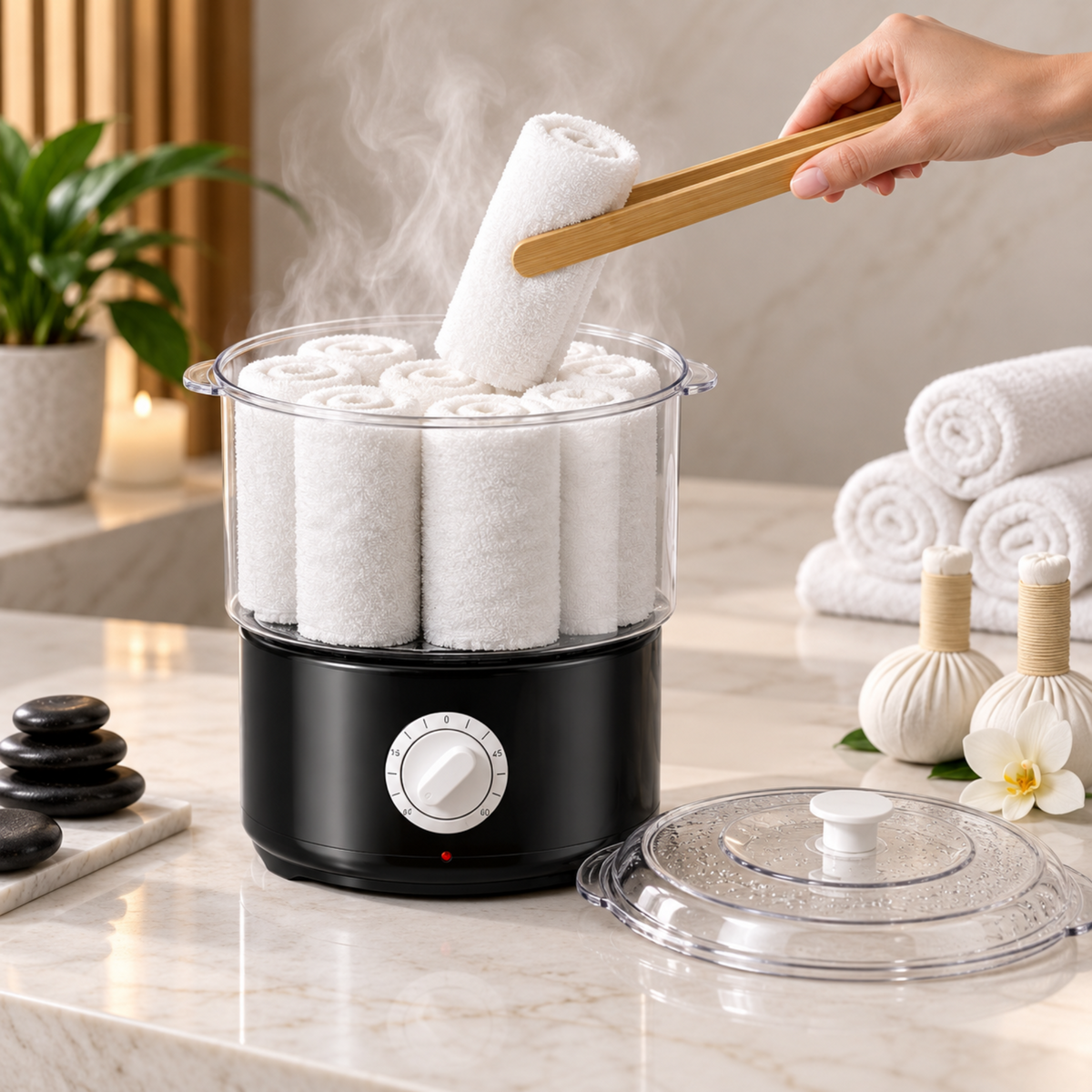 Compact black towel steamer with its removable chamber and lid presented on a neutral surface.