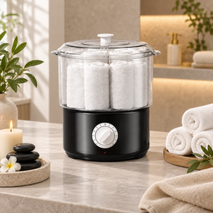 Tongs lifting a towel from the clear chamber of the compact black towel steamer.