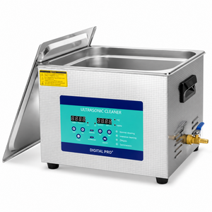 Stainless steel 15-litre ultrasonic cleaner with digital controls, removable lid and side drain tap on a clean white background.