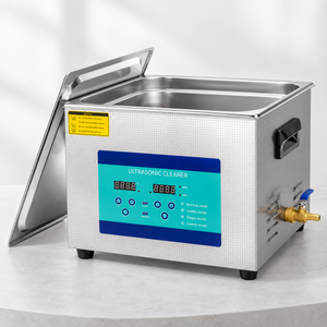 15-litre ultrasonic cleaning bath and removable steel lid displayed on a neutral studio platform.