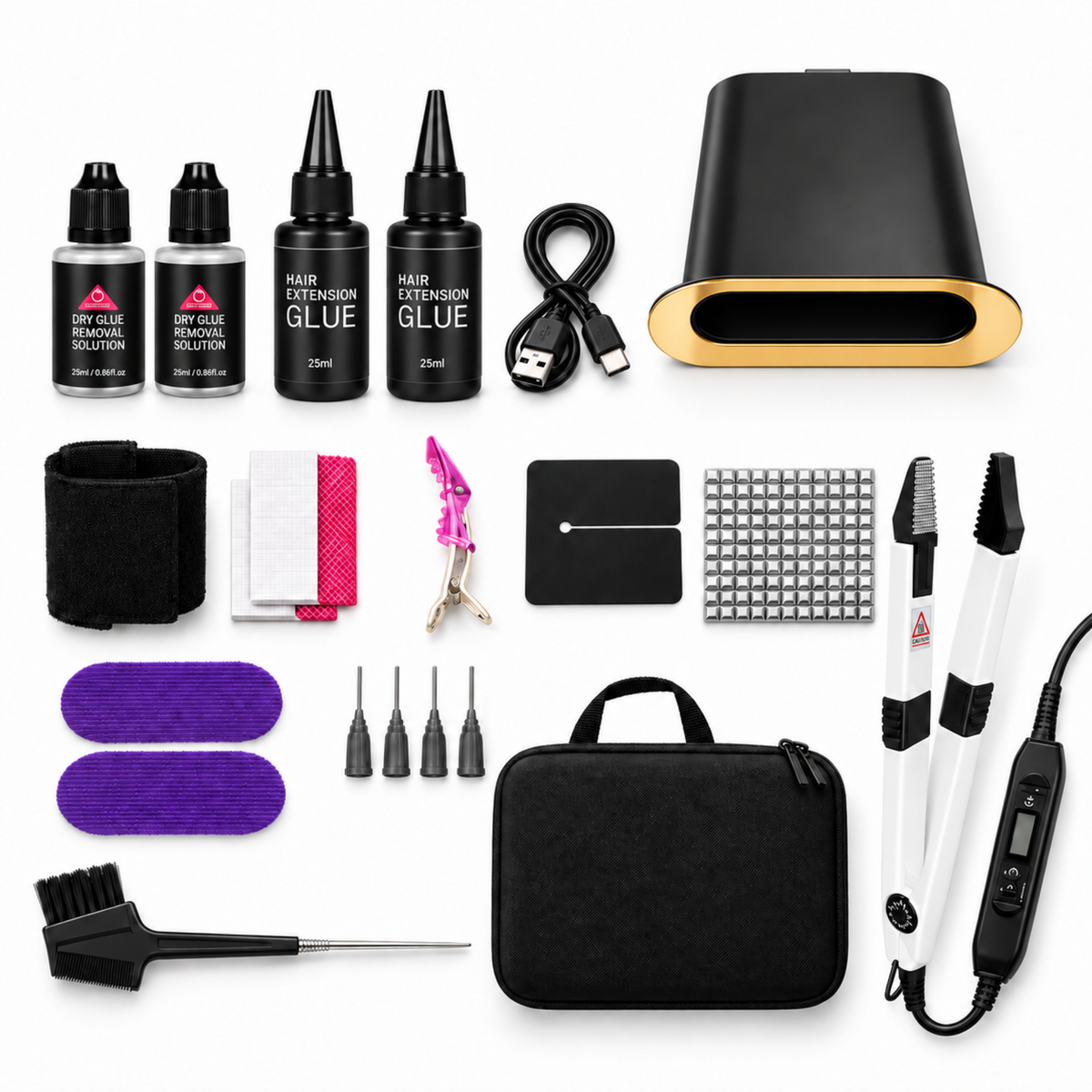 Professional UV hair extension kit with rechargeable lamp, digital removal pliers and supplied accessories on white
