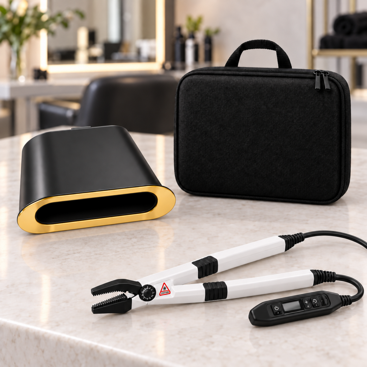 Rechargeable UV lamp, hair extension removal pliers and carry case arranged at a salon workstation