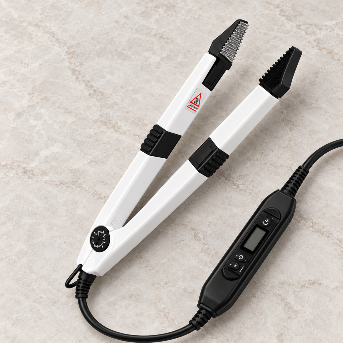 White hair extension removal pliers with inline digital controller and textured jaws