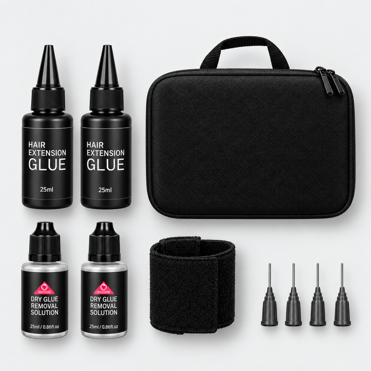Hair extension adhesive and removal solution bottles with carry case, wristband and four applicator tips