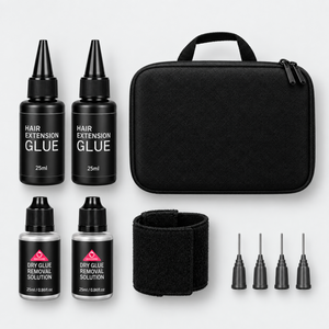 Hair extension adhesive and removal solution bottles with carry case, wristband and four applicator tips