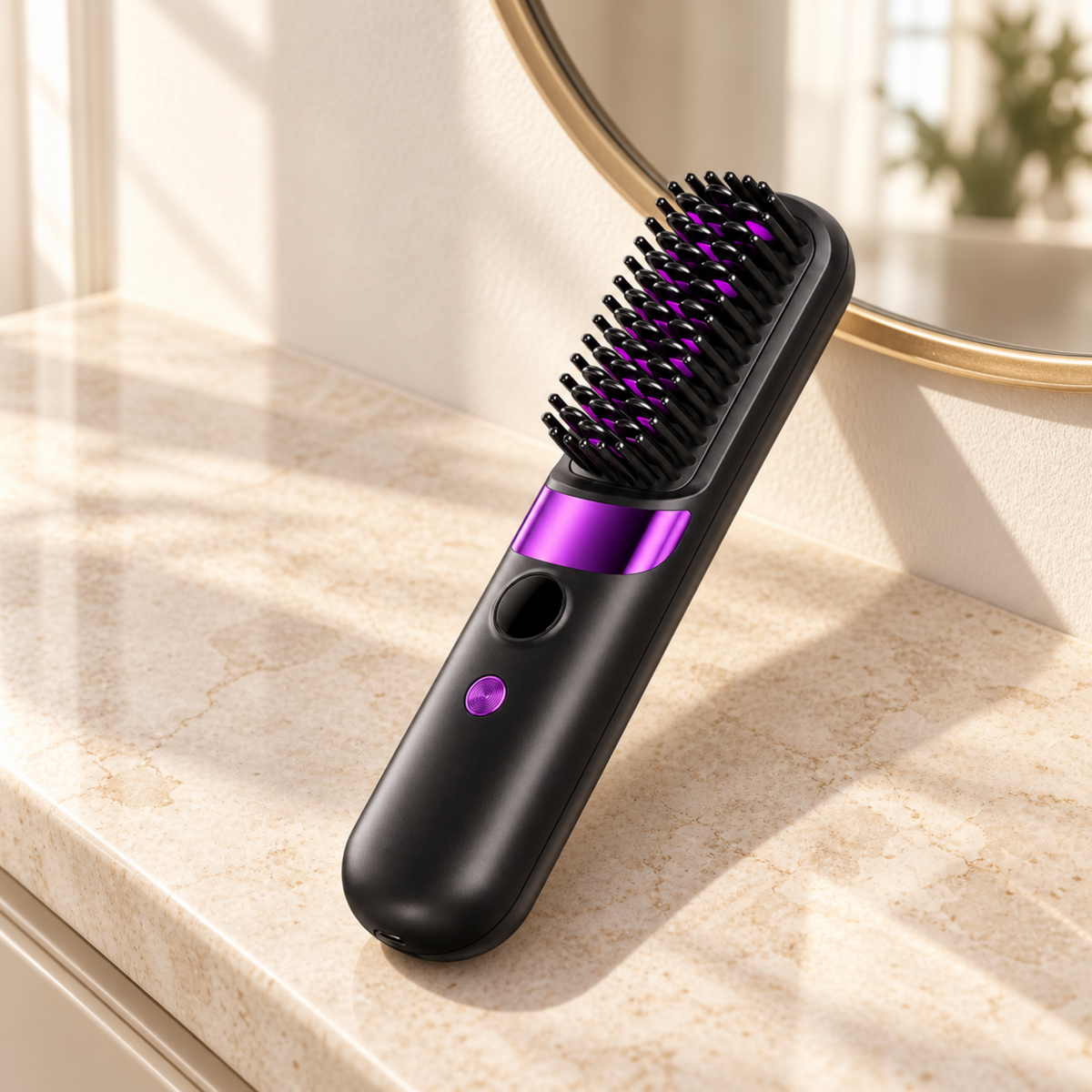Black hair straightening brush displayed on a neutral stone vanity
