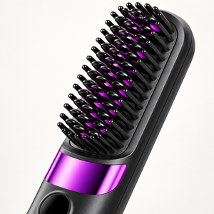 Close-up of the hair straightening brush head with black teeth and purple details