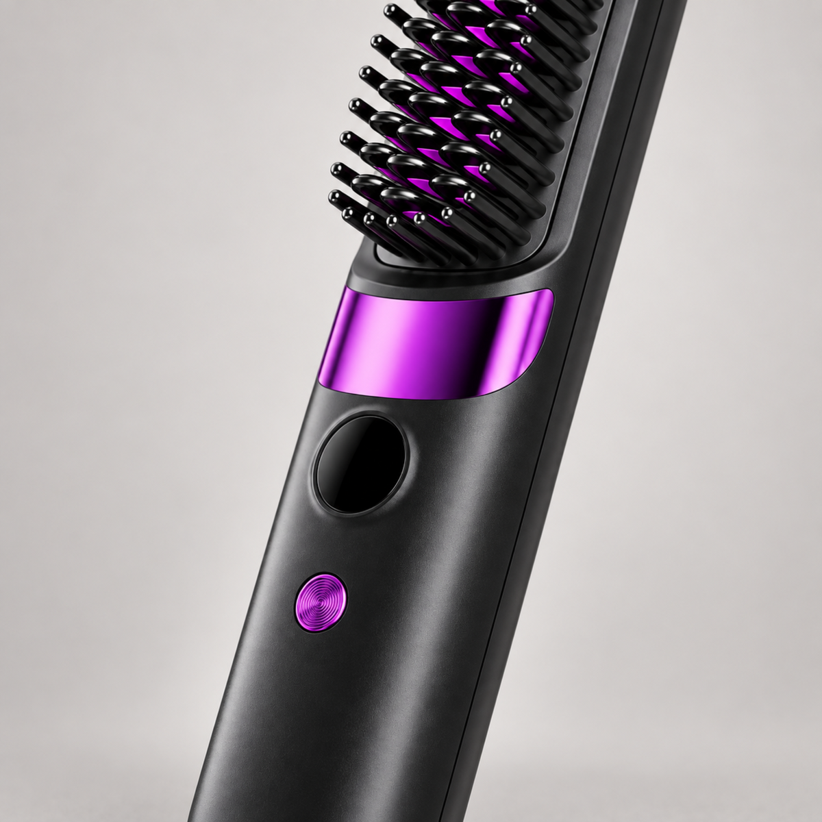 Detail of the LED display window and purple control button on the brush handle