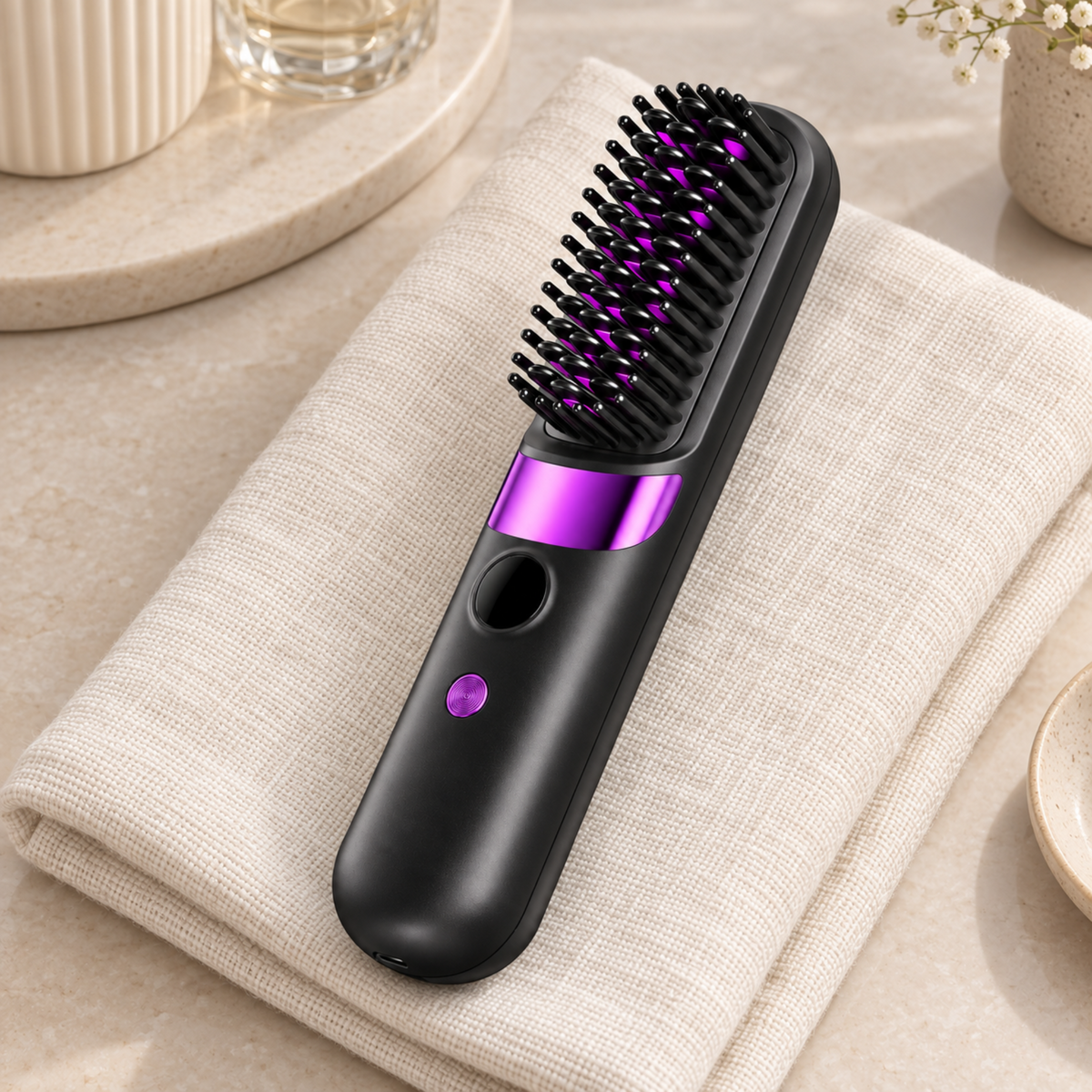 Hair straightening brush shown switched off on an ivory towel