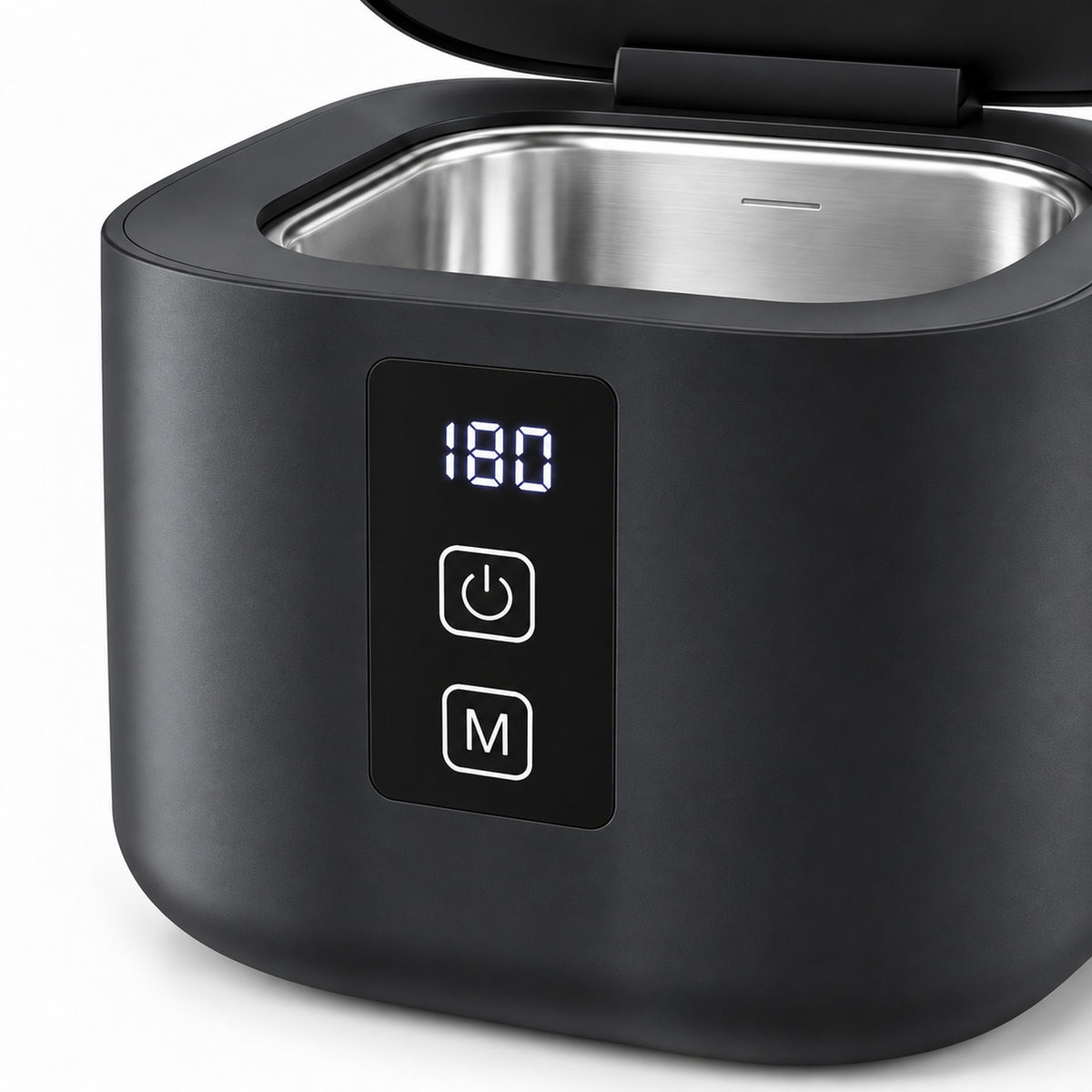 Close-up of the ultrasonic cleaner digital timer display and front control buttons