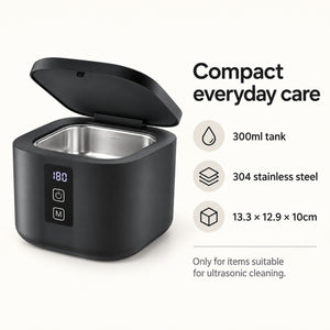 Ultrasonic cleaner presentation showing 300ml capacity, 304 stainless-steel tank and 48kHz frequency