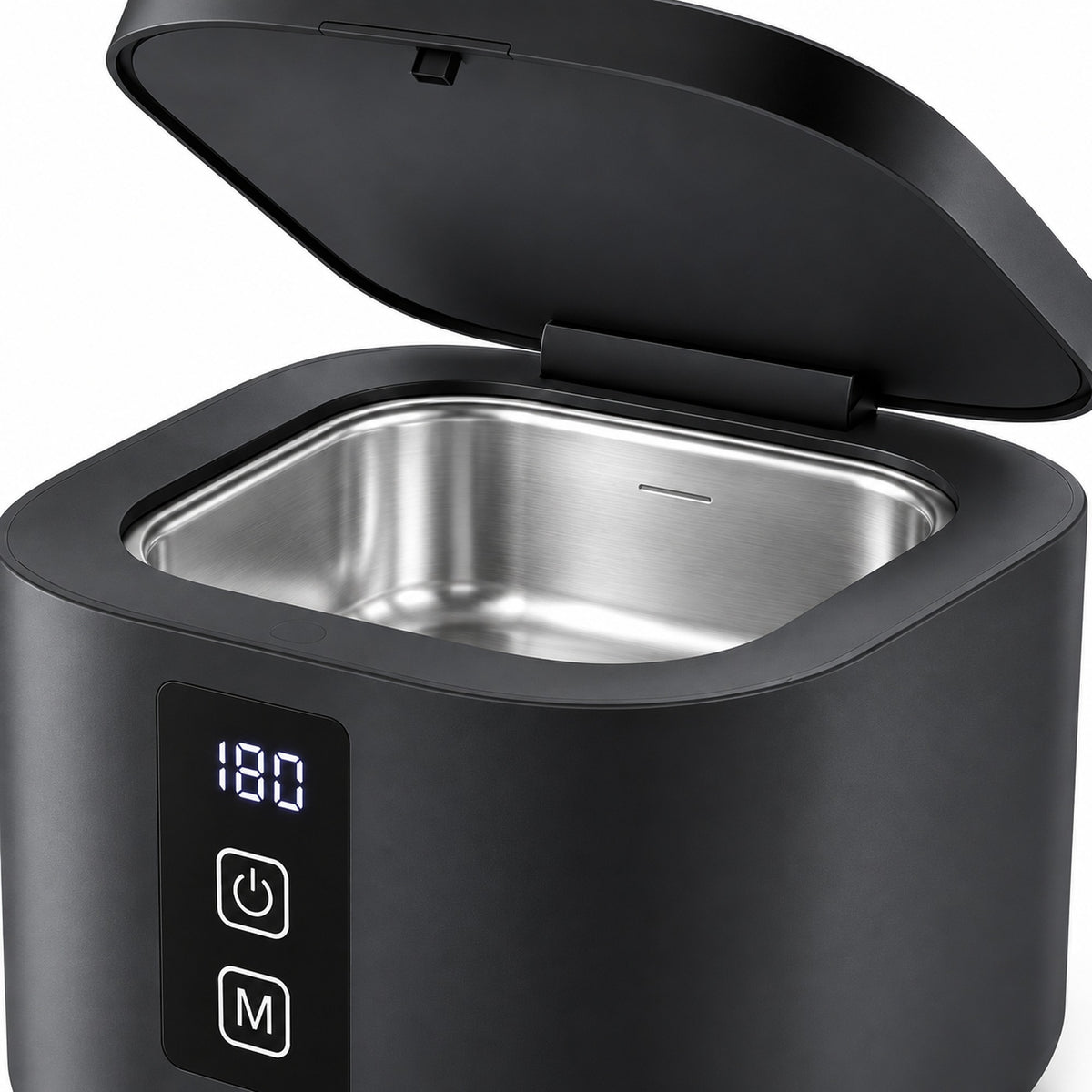 Close-up of the 300ml stainless-steel cleaning tank with the lid open