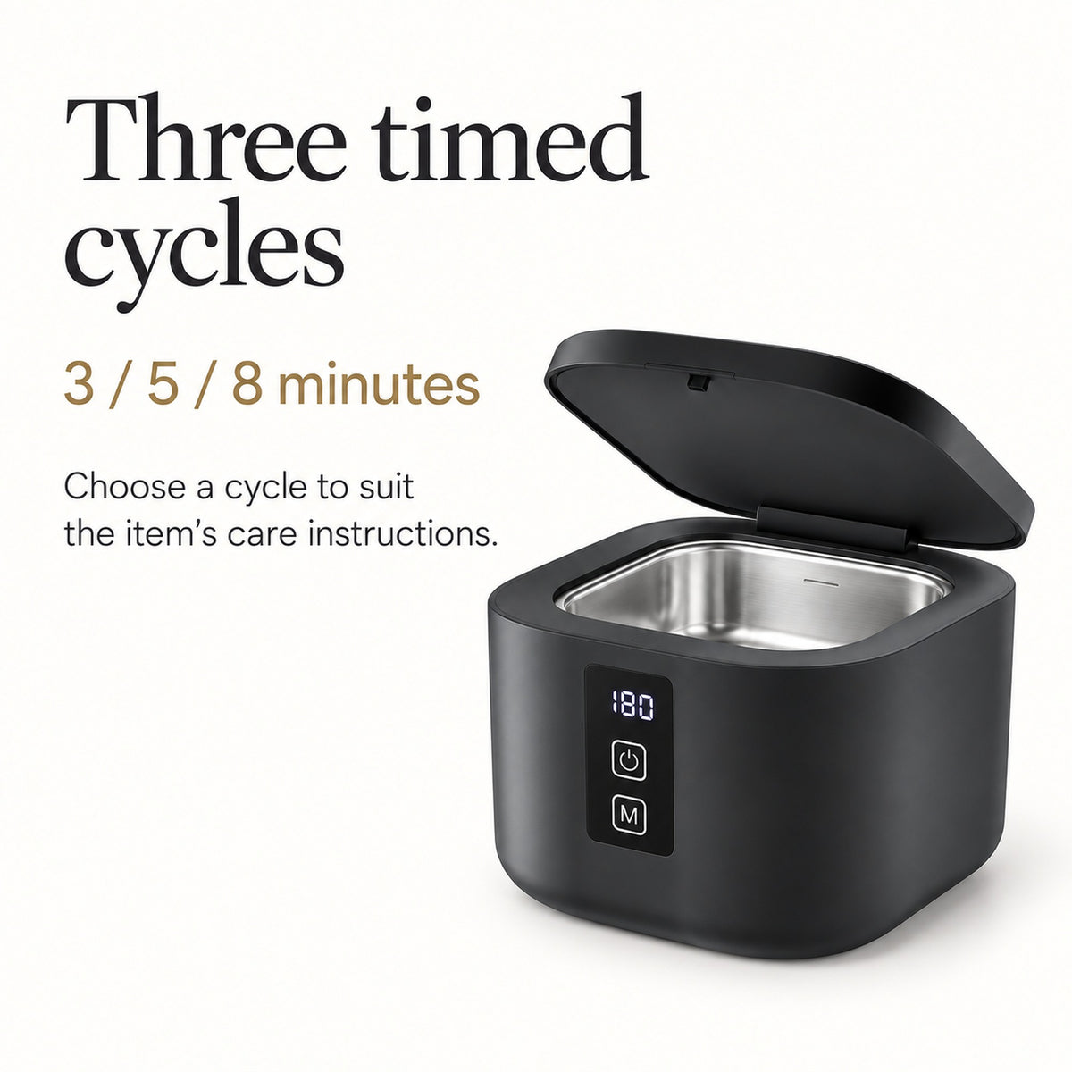 Ultrasonic cleaner presentation showing the 3, 5 and 8 minute timer settings