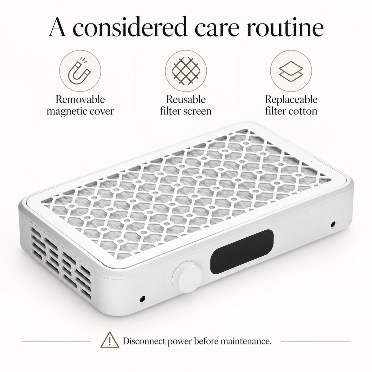 Nail dust collector care guide showing removable magnetic cover, reusable filter screen and replaceable filter cotton