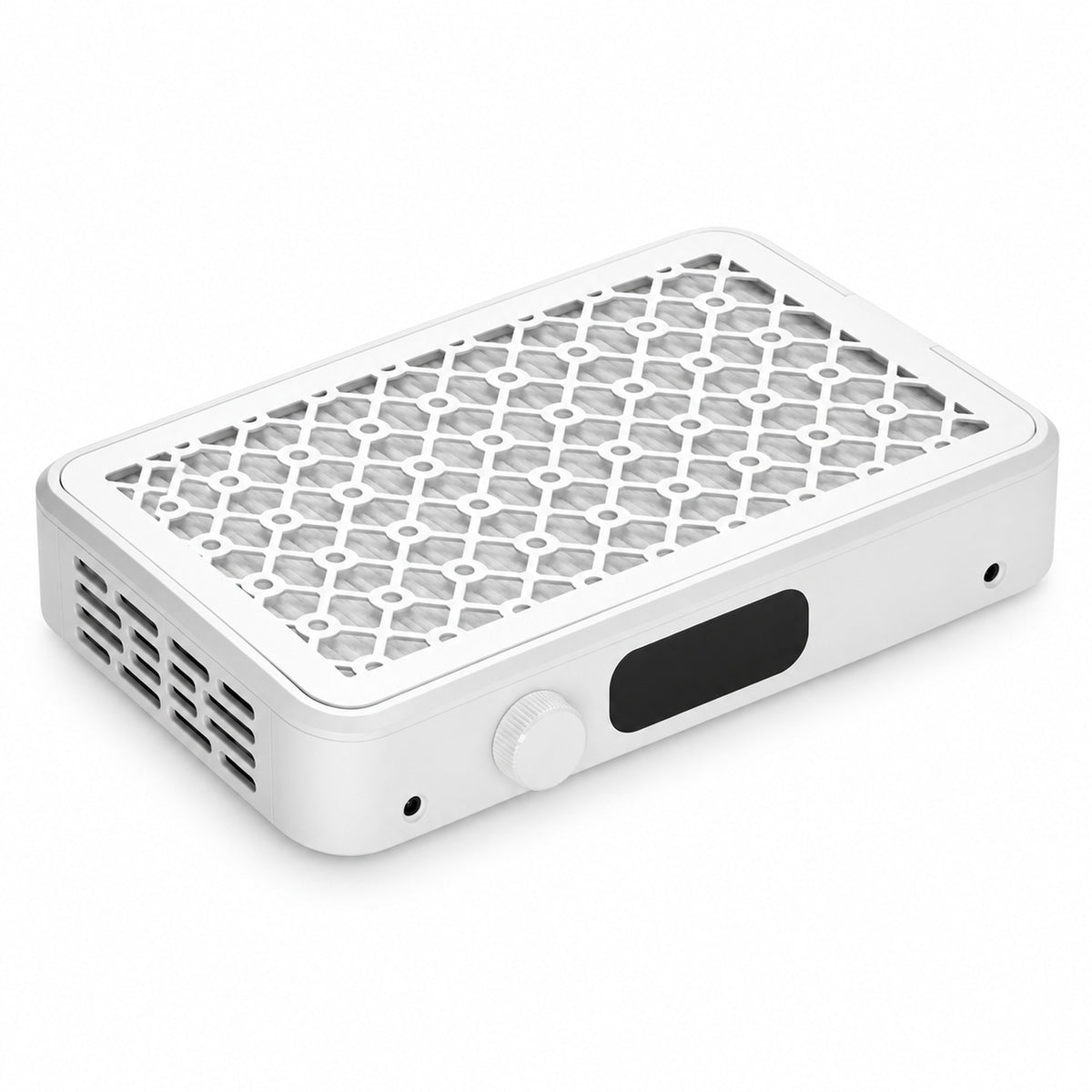 White dual-fan nail dust collector with patterned grille and rotary control on a white background