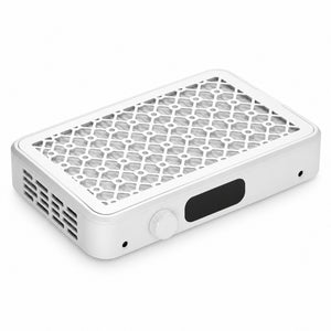 White dual-fan nail dust collector with patterned grille and rotary control on a white background