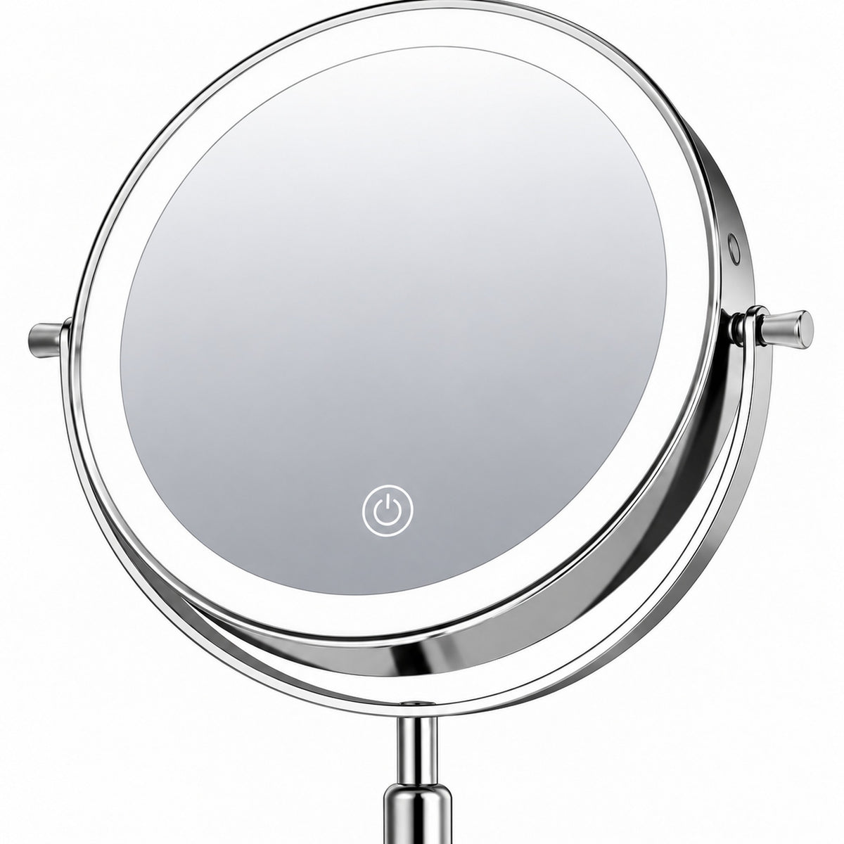 Close-up of the round mirror face, LED ring and chrome surround