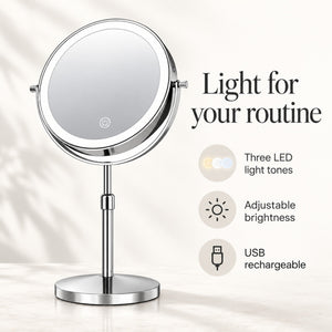 LED makeup mirror presentation showing three light tones and adjustable brightness