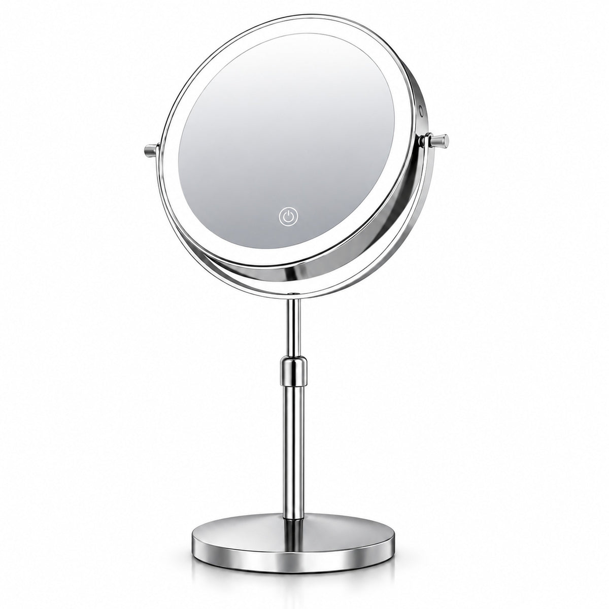 Chrome rechargeable LED makeup mirror with a height-adjustable stand on a white background