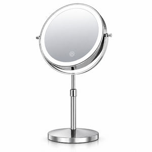 Chrome rechargeable LED makeup mirror with a height-adjustable stand on a white background
