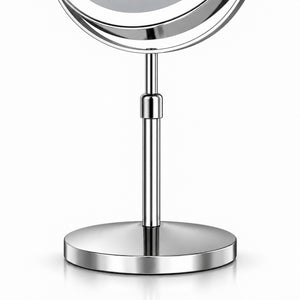 Detail of the adjustable chrome mirror stand, height collar and round base
