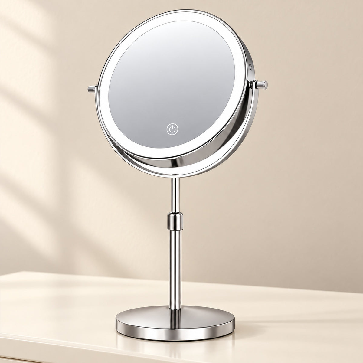 Chrome LED makeup mirror styled on a neutral dressing table