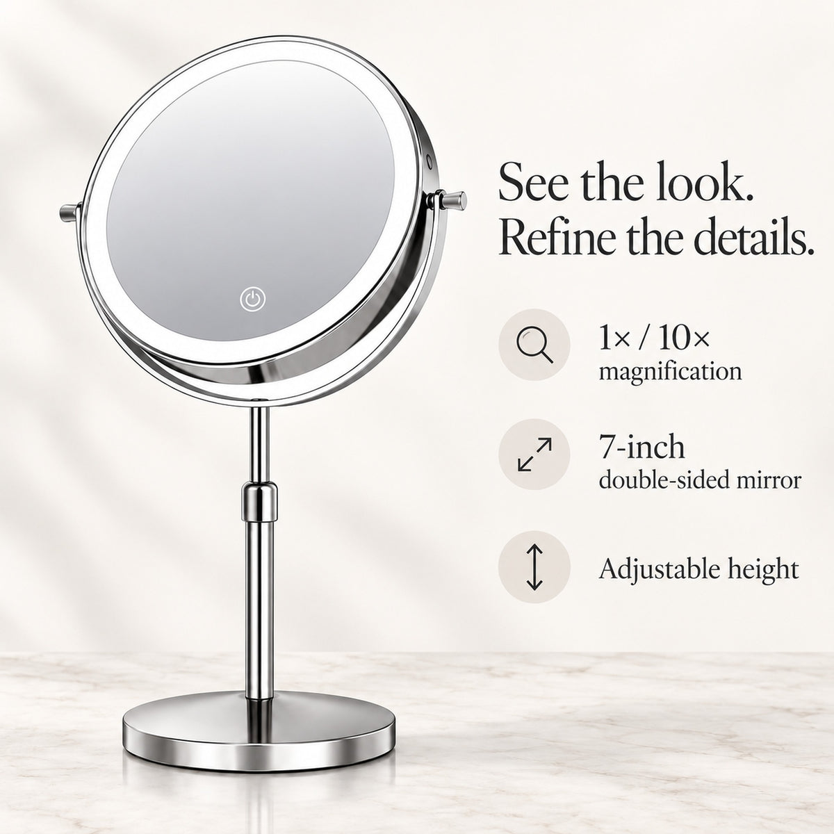 Makeup mirror presentation showing the 1x and 10x views, adjustable height and swivel head