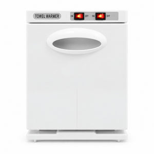White 5-litre towel warmer with closed door, oval handle and two red rocker switches