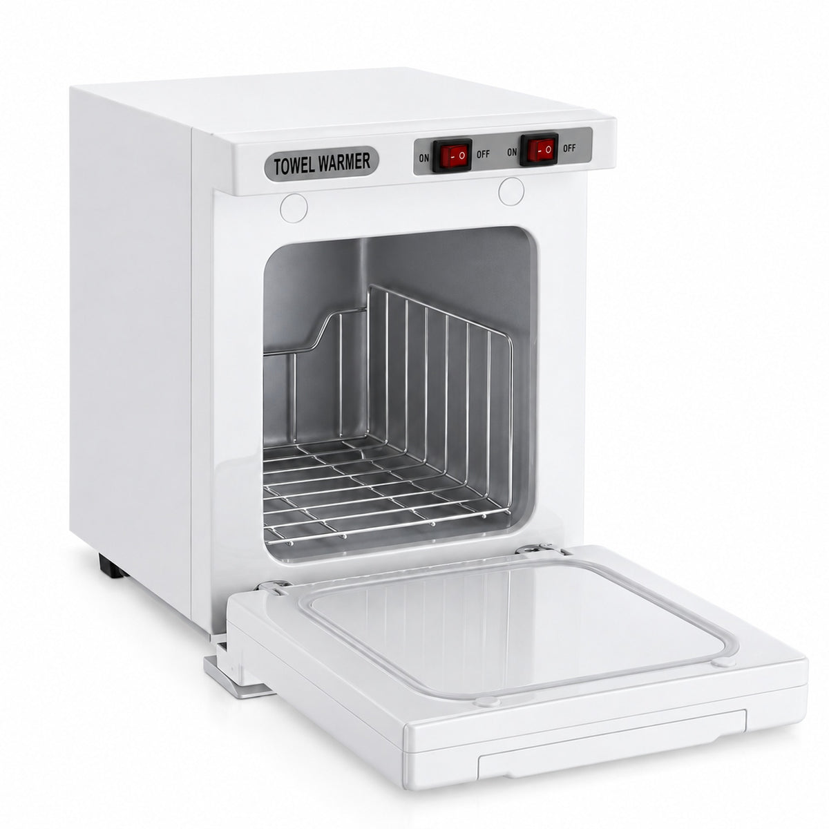 White 5-litre towel warmer with the door open, showing the empty metal interior and wire rack